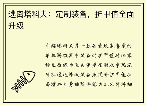 逃离塔科夫：定制装备，护甲值全面升级